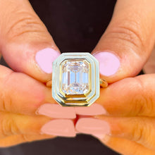 Load image into Gallery viewer, 14K Solid And Heavy Yellow Gold Emerald Cut Moissanite Ring Solitaire Bezel Set 3.50ct