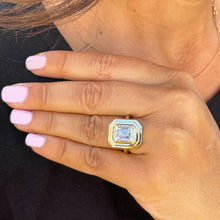 Load image into Gallery viewer, 14K Solid And Heavy Yellow Gold Emerald Cut Moissanite Ring Solitaire Bezel Set 3.50ct