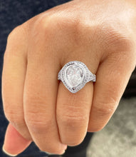 Load image into Gallery viewer, 14k Solid White Gold Pear Cut Moissanite and Natural Round Cut Diamond Engagement Ring Bezel Set Halo Antique Style 4.25ctw