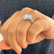 Load image into Gallery viewer, 14k Solid White Gold Pear Cut Moissanite and Natural Round Cut Diamond Engagement Ring Bezel Set Halo Antique Style 4.25ctw