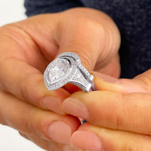 Load image into Gallery viewer, 14k Solid White Gold Pear Cut Moissanite and Natural Round Cut Diamond Engagement Ring And Band Bezel Set Halo Antique Style 5.00ctw