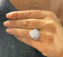 Load image into Gallery viewer, 14k Solid White Gold Pear Cut Moissanite and Natural Round Cut Diamond Engagement Ring And Band Bezel Set Halo Antique Style 5.00ctw