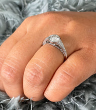 Load image into Gallery viewer, 14k White Gold Round Moissanite And Diamond Engagement Ring Bezel Set Deco Antique Style 1.04ct