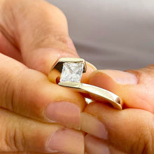 Load image into Gallery viewer, 14k solid and heavy yellow gold princess cut moissanite engagement ring tension set bridal wedding anniversary 1.00ctw