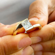 Load image into Gallery viewer, 14k solid and heavy yellow gold princess cut forever one moissanite engagement ring tension set bridal wedding anniversary 1.00ctw