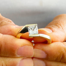 Load image into Gallery viewer, 14k solid and heavy yellow gold princess cut forever one moissanite engagement ring tension set bridal wedding anniversary 1.00ctw