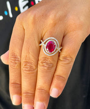 Load image into Gallery viewer, 14k yellow gold oval cut ruby and round cut natural diamonds ring micro pave set double halo split shank engagement anniversary 4.60ctw