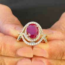 Load image into Gallery viewer, 14k yellow gold oval cut ruby and round cut natural diamonds ring micro pave set double halo split shank engagement anniversary 4.60ctw