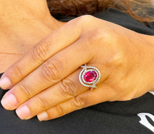 Load image into Gallery viewer, 14k yellow gold oval cut ruby and round cut natural diamonds ring micro pave set double halo split shank engagement anniversary 4.60ctw