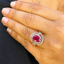 Load image into Gallery viewer, 14k yellow gold oval cut ruby and round cut natural diamonds ring micro pave set double halo split shank engagement anniversary 4.60ctw