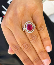 Load image into Gallery viewer, 14k yellow gold oval cut ruby and round cut natural diamonds ring micro pave set double halo split shank engagement anniversary 4.60ctw