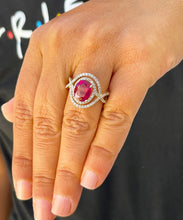 Load image into Gallery viewer, 14k yellow gold oval cut ruby and round cut natural diamonds ring micro pave set double halo split shank engagement anniversary 4.60ctw