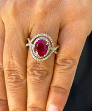 Load image into Gallery viewer, 14k yellow gold oval cut ruby and round cut natural diamonds ring micro pave set double halo split shank engagement anniversary 4.60ctw