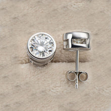 Load image into Gallery viewer, 14K White Gold Round Cut Moissanite Bezel Set Halo Earrings, Bridal, Wedding, Anniversary, Solitaire, Gift 1.80ctw