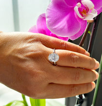 Load image into Gallery viewer, Large 14k Solid White Gold Oval Cut Moissanite and Natural Diamond Engagement Ring Double Halo Split Shank, Bridal, 6.70ctw