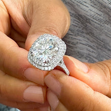Load image into Gallery viewer, Large 14k Solid White Gold Oval Cut Moissanite and Natural Diamond Engagement Ring Double Halo Split Shank, Bridal, 6.70ctw