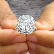 Load image into Gallery viewer, Large 14k Solid White Gold Oval Cut Moissanite and Natural Diamond Engagement Ring Double Halo Split Shank, Bridal, 6.70ctw