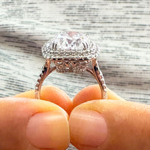 Load image into Gallery viewer, Large 14k Solid White Gold Oval Cut Moissanite and Natural Diamond Engagement Ring Double Halo Split Shank, Bridal, 6.70ctw