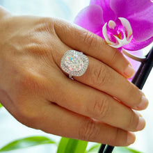 Load image into Gallery viewer, Large 14k Solid White Gold Oval Cut Moissanite and Natural Diamond Engagement Ring Double Halo Split Shank, Bridal, 6.70ctw