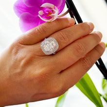 Load image into Gallery viewer, Large 14k Solid White Gold Oval Cut Moissanite and Natural Diamond Engagement Ring Double Halo Split Shank, Bridal, 6.70ctw