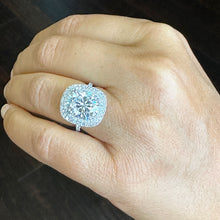 Load image into Gallery viewer, Large 14k Solid White Gold Oval Cut Moissanite and Natural Diamond Engagement Ring Double Halo Split Shank, Bridal, 6.70ctw