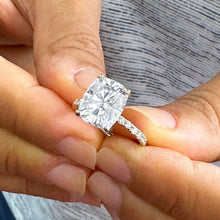 Load image into Gallery viewer, 14K Solid Yellow Gold Cushion Cut Forever One Moissanite And Round Cut Natural Diamonds Engagement Ring Solitaire Four Prong set 5.00ctw