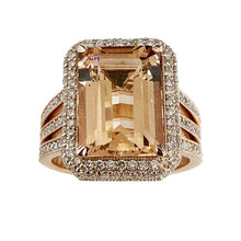 Load image into Gallery viewer, Huge 8.40 Carat Women's 14k solid rose gold emerald cut morganite and natural round cut diamond engagement ring Bridal Wedding