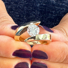 Load image into Gallery viewer, 14k solid and Heavy Yellow Gold Round Cut Moissanite Engagement Ring Tension Set Wedding, Anniversary, Bridal 1.25ctw