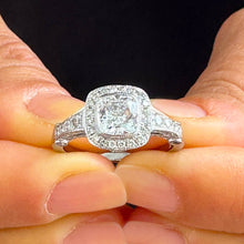 Load image into Gallery viewer, 14k solid white gold cushion cut diamond engagement ring bezel set halo pave natural diamonds three sided diamonds pave 1.70ctw