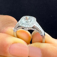 Load image into Gallery viewer, 14k solid white gold cushion cut diamond engagement ring bezel set halo pave natural diamonds three sided diamonds pave 1.70ctw