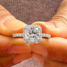 Load image into Gallery viewer, 14K Solid White Gold Cushion Cut Moissanite And Natural Round Cut Diamond Engagement Ring Bridal Wedding Halo Propose 2.00ctw