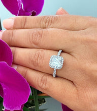 Load image into Gallery viewer, 14K Solid White Gold Cushion Cut Moissanite And Natural Round Cut Diamond Engagement Ring Bridal Wedding Halo Propose 2.00ctw