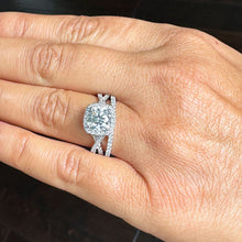 Load image into Gallery viewer, 14k Solid White Gold Cushion Cut Moissanite and Natural Diamond Engagement Ring And Band Art Deco Halo Wedding Set 3.00ct
