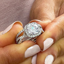 Load image into Gallery viewer, GIA 14k Solid White Gold Cushion Cut and Round Cut Diamond Engagement Ring And Band Art Deco Halo Wedding Set 3.00ct F-VS2