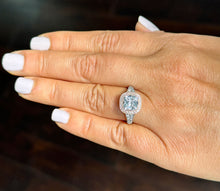 Load image into Gallery viewer, 14k Solid White And Rose Gold Cushion Cut Forever One Moissanite and Natural Diamond Bezel Engagement Ring Bridal Halo 3.40ctw