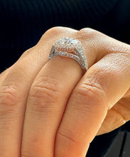 Load image into Gallery viewer, 14k Solid White And Rose Gold Cushion Cut Moissanite and Natural Diamond Bezel Engagement Ring Bridal Halo 3.40ctw