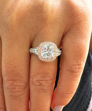 Load image into Gallery viewer, 14k Solid White And Rose Gold Cushion Cut Forever One Moissanite and Natural Diamond Bezel Engagement Ring Bridal Halo 3.40ctw