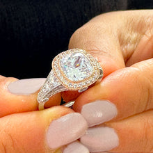 Load image into Gallery viewer, 14k Solid White And Rose Gold Cushion Cut Forever One Moissanite and Natural Diamond Bezel Engagement Ring Bridal Halo 3.40ctw