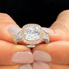 Load image into Gallery viewer, 14k Solid White And Rose Gold Cushion Cut Moissanite and Natural Diamond Bezel Engagement Ring Bridal Halo 3.40ctw