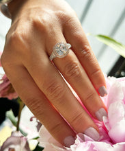 Load image into Gallery viewer, 14k Solid White And Rose Gold Cushion Cut Moissanite and Natural Diamond Bezel Engagement Ring Bridal Halo 3.40ctw