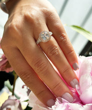 Load image into Gallery viewer, GIA Certified 14k Solid White And Rose Gold Cushion And Round Cut Diamond Engagement Ring Bridal Wedding Bezel Set Halo 3.40ct F-VS2