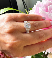 Load image into Gallery viewer, 14k Solid White And Rose Gold Cushion Cut Moissanite and Natural Diamond Bezel Engagement Ring Bridal Halo 3.40ctw