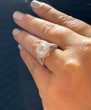 Load image into Gallery viewer, GIA Certified 14k Solid White And Rose Gold Cushion And Round Cut Diamond Engagement Ring Bridal Wedding Bezel Set Halo 3.40ct F-VS2