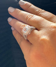 Load image into Gallery viewer, 14k Solid White And Rose Gold Cushion Cut Moissanite and Natural Diamond Bezel Engagement Ring Bridal Halo 3.40ctw