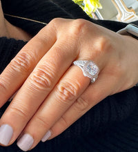 Load image into Gallery viewer, 14k Solid White And Rose Gold Cushion Cut Moissanite and Natural Diamond Bezel Engagement Ring Bridal Halo 3.40ctw