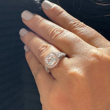 Load image into Gallery viewer, GIA Certified 14k Solid White And Rose Gold Cushion And Round Cut Diamond Engagement Ring Bridal Wedding Bezel Set Halo 3.40ct F-VS2