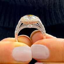 Load image into Gallery viewer, GIA Certified 14k Solid White And Rose Gold Cushion And Round Cut Diamond Engagement Ring Bridal Wedding Bezel Set Halo 3.40ct F-VS2