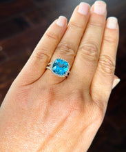 Load image into Gallery viewer, 14K Yellow Gold Cushion Cut Blue Topaz And Diamonds Engagement Ring Wedding, Anniversary, Natural Diamonds, Bridal Halo Large 4.70ctw