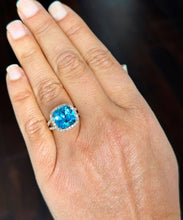 Load image into Gallery viewer, 14K Yellow Gold Cushion Cut Blue Topaz And Diamonds Engagement Ring Wedding, Anniversary, Natural Diamonds, Bridal Halo Large 4.70ctw