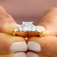 Load image into Gallery viewer, Large 14K Solid Yellow Gold Princess Shape And Round Cut Forever One Moissanite Engagement Ring Art Deco Three Stone Style 2.20ctw